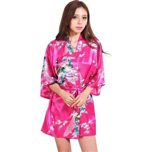 Hot Pink Chinese Women Silk Rayon Mini Robe Sexy Kimono Bath Gown Intimate Lingerie Pajama Plus Size S M L XL XXL XXXL ZS029