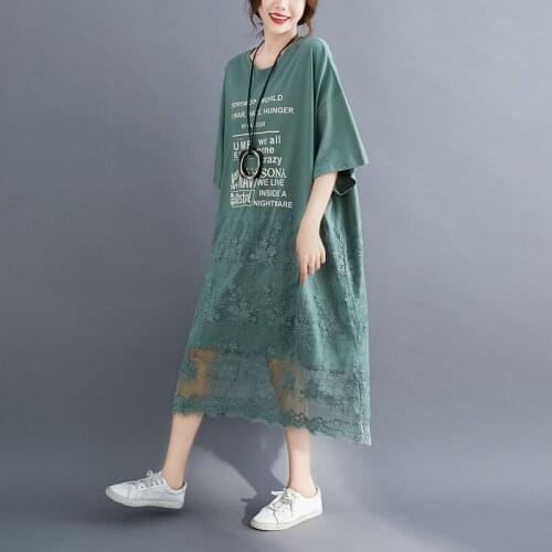 200 Kg Summer Dress Plus Size Womens Literary Fan Letter Printing Lace Solid Color Stitching Short-sleeved Mid-length Dress