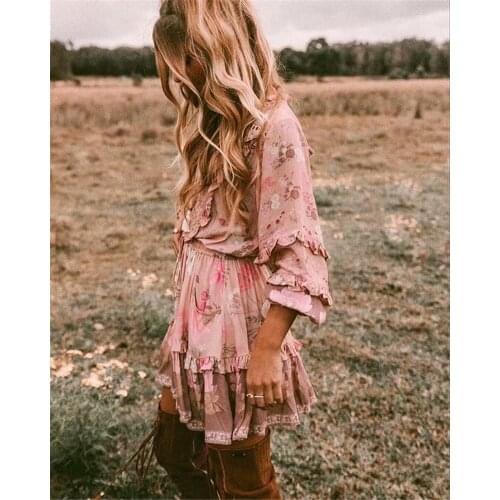 Happie Queens Vintage women floral print long sleeve v-neck ruffles beach Bohemian dress tassel rayon mini Boho dress vestidos