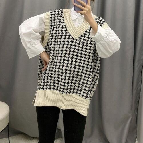 Women 2020 Fashion Oversized Knitted Vest Sweater V Neck Sleeveless Side Vents Loose Female Waistcoat Chic Tops