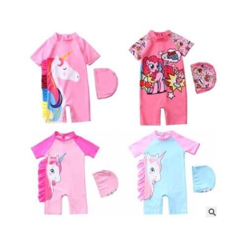 2021New Girls Unicorn Swimsuit One Piece Sun Protection Pink Swimwear With Hat For 1-10years Little Girl New Fashion Cute