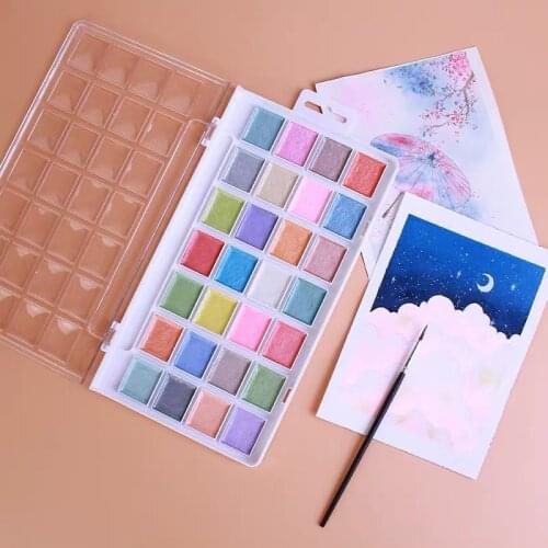 28 Color Pearlescent Metallic Watercolor Paint Set Box Macaron Candy Color Contains 1 Brush Water Color Painting Art Supplies