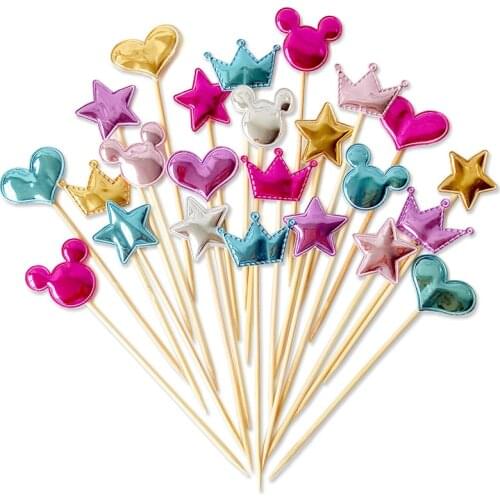 5pcs/lot Lovely Heart Star Crown Cake Topper For Birthday Cupcake Flag Baby Shower Party Wedding Decoration Supplies Mickey Mous