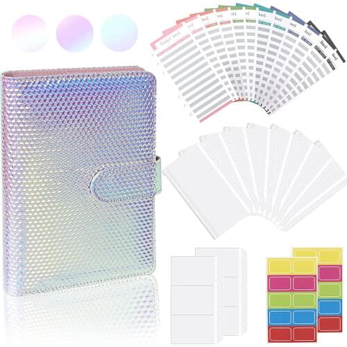 A6 PU Leather Binder Shiny Planner Organizer, Budget Cash Envelopes,Expense Budget Sheets,A6 Binder Zipper Pockets for Budgeting