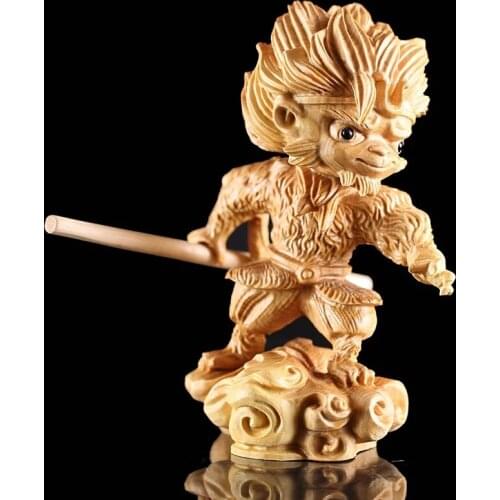 11CM Legend Monkey King Sculpture Sun Wukong Statue Wood Figurines Decoration Zodiac Art Wooden