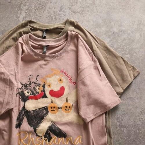 Real Shot Women Summer Vintage Cotton Loose Basic T-shirt Cartoon Graffiti Boyfriend Style Tshirt Short Sleeve Top