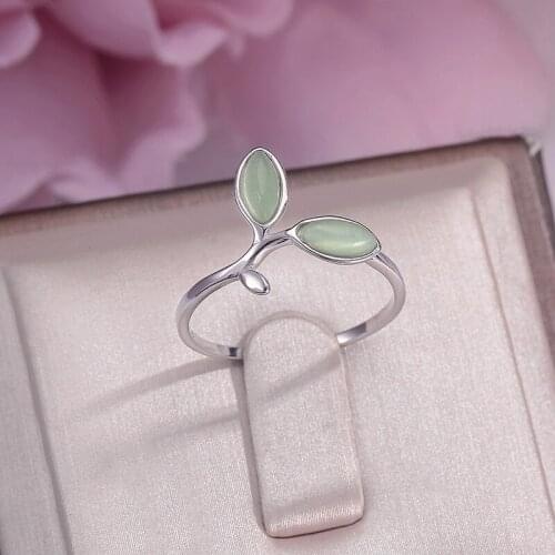 Natural Gemstone Rings For Women Fine Jewelry 925 Silver Green Opals Buds Leaves Open Adjustable Ring Accessories R-945