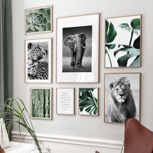 Lion Leopard Elephant Nordic Vintage Poster Green Plants Wall Art Print Canvas Painting Monstera Decor Pictures For Living Room