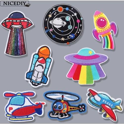 Nicediy UFO Cartoon Embroidered Patches For Clothes Space Rocket Iron On Patches On Clothing Patch Applique For Kids DIY