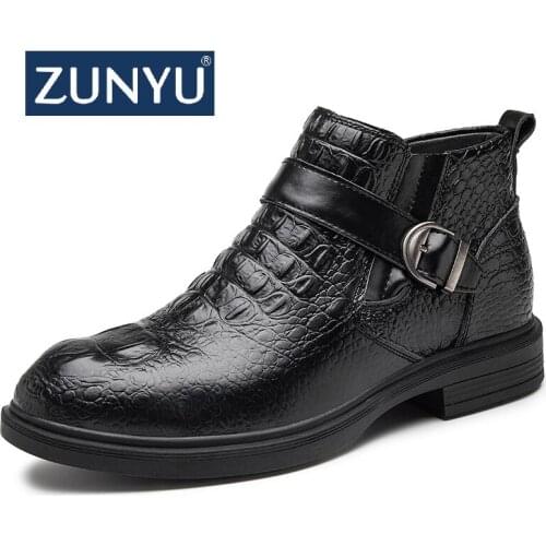 ZUNYU Genuine Leather Mens Boots Walking Shoes Male Ankle Boots Winter Warm Snow Boots With Fur Crocodile Pattern Size 37-47