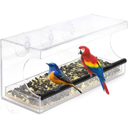 Window Bird Feeder Clear Acrylic Bird Parrot Feed Cage with 3 Suction Cups & Drain Holes Hanging Suction Bird Feeding Supplies