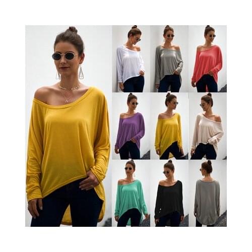 Autumn O-neck Pullover Off-shoulder Long-sleeved Female Irregular Loose Casual Tops Woman Fashion Harajuku All-match T-shirt Tee