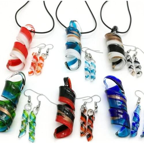 6 Sets Chinese Style Fashion Twist Shape Blend Color Murano Lampwork Glass Pandent Necklace Earrings For Women Jewelry Set Gift
