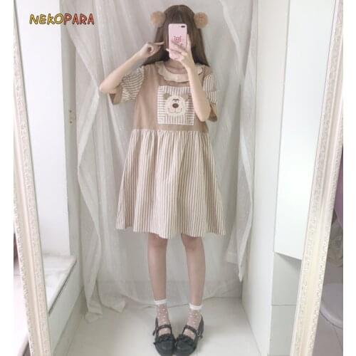Cartoon Bear Striped Girls Womens Kawaii Girls Summer Short Sleeve Dress Wave Collar Patchwork Dress