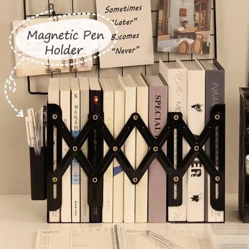 Adjustable telescopic bookshelf with magnetic pen holder bookshelf desktop book storagerack shelf office school student supplies