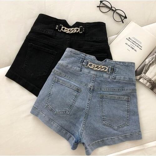 High Waist Shorts Denim Women Summer Fashion Korean Simple Vintage Metal Chain Cool Chic Patchwork Casual Wide Leg Short Jeans