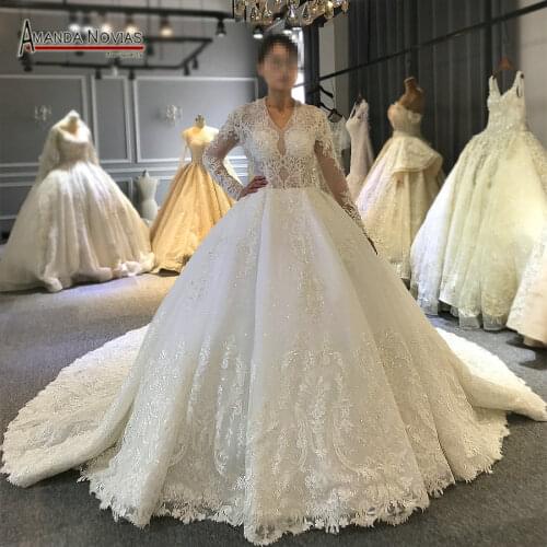 Amanda Novias Real work elegant lace wedding dress with sleeves bridal dress