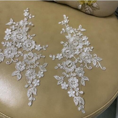 2PCS White Flowers Rose Lace Fabric Tassel Embroidered Wedding Appliques Sew Patch For Evening Dress DIY Decoration