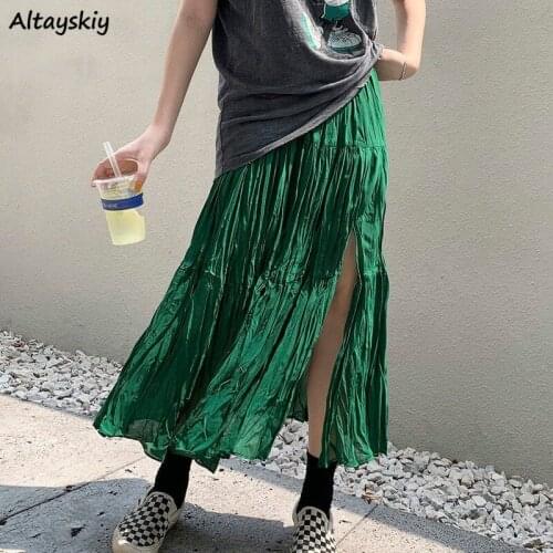 Skirts Women Loose Casual Simple Side-slit Folds High Waist Summer Thin Sexy Ladies Clothes Daily Harajuku Elegant Midi Preppy