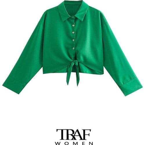 TRAF Za Women Fashion With Bow Tied Cropped Green Blouses Vintage Long Sleeve Button-up Female Shirts Chic Tops