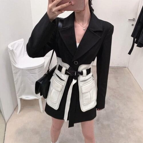 Womens Autumn New Temperament Waist Bandage Black And White Color Matching Tooling Wind Pocket Mid-Length Small Suit