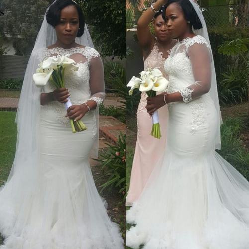Mermaid Lace African 3/4 Sleeve Wedding Dresses Plus Size Floor Length Lace Up Back Bridal Gowns for Women