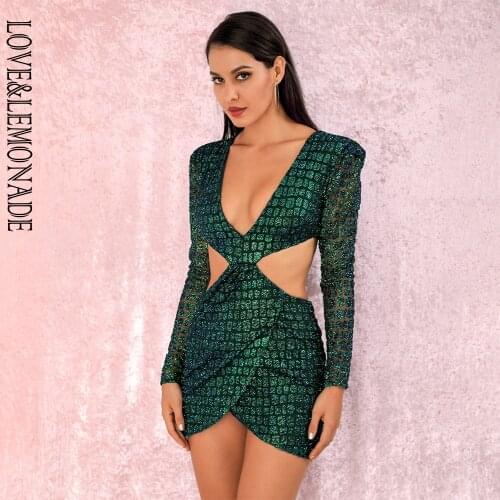 LOVE&LEMONADE Sexy green Deep V-neck Open back Cross glitter glued Material Slim Fit Party Dress LM82065