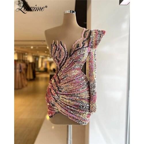 Lowime 2 Designs Short Cocktail Party Dresses Sequins One Shoulder Evening Gowns 2021 Women Formal Dresses Women Night Wear Robe