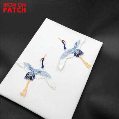 6Pcs White Crane Iron on Patches Jacket Embroidery Retro Fashion Large Bird Decoration Stickers Clothes Applique Sewing