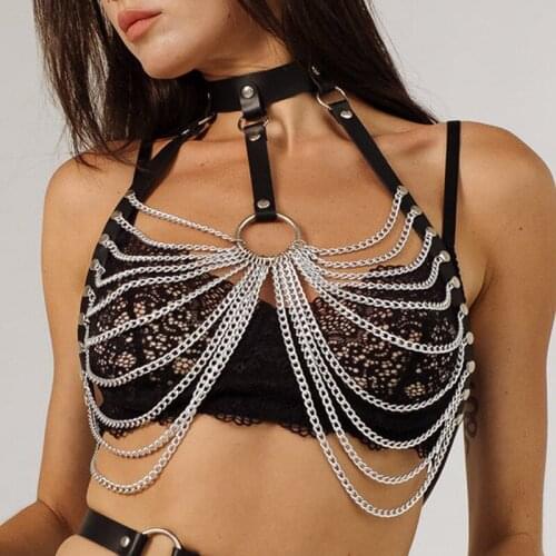 GAMPORL Leather Bra Harness Chain Belts Women Goth Garter Belt Stocking Sexy Lingerie Erotic Women Fetish Suspenders Chest Cage