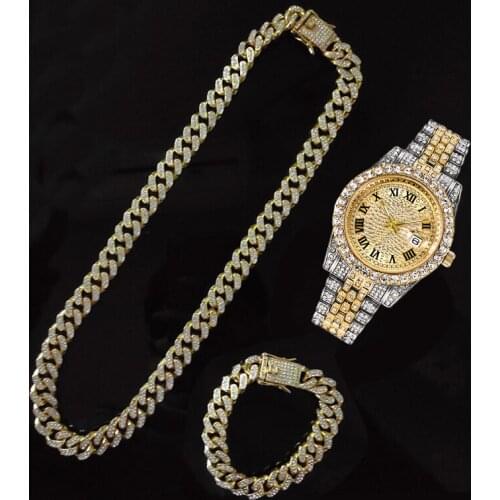 Hip Hop 3pcs Kit Iced Out Paved Rhinestones 12MM Full Miami Cuban Necklace+Watch+Bracelet CZ Rapper For Men Women Charm Jewelry