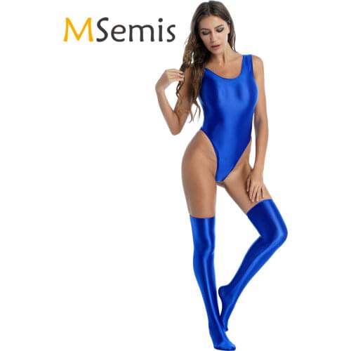 Womens Glossy Stretchy Swimsuit Ladies Swimming Bathing Suit Swimwear Round Neck Sleeveless High Cut Bodysuit with Stocking