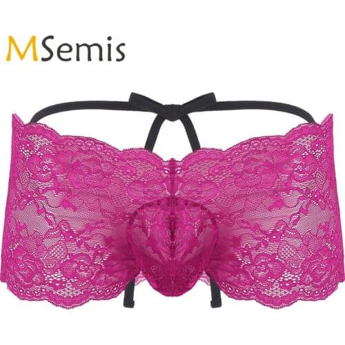 Mens Lingerie Sissy Underwear See Through Floral Lace Underpants Strappy Bulge Pouch Low Rise Bikini Briefs Panties