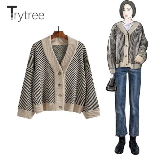 Trytree 2020 Autumn Winter Women Casual Coat V-neck Single Breasted Flare Sleeve Stripe Fashion Loose Office Lady Coat Tops