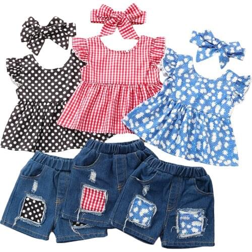 1-6Y Children Kids Baby Girls Summer Clothing Girl Set 3pcs Outfits Floral Printed Short Sleeve Tops Denim Shorts Headband