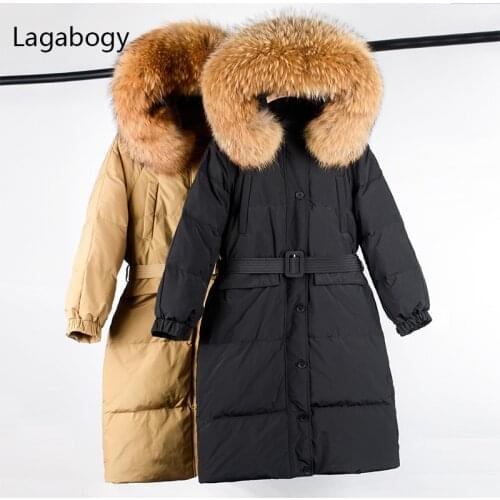 Lagabogy 2021 New Winter Women Large Natural Fur Hooded Long Parka 90% White Duck Down Coat Female Loose Warm Puffer Jacket Belt