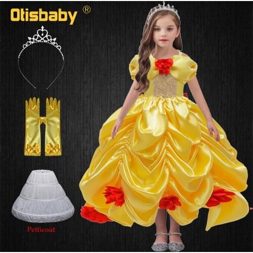 Christmas Belle Dress Beauty Beast Halloween Costume Summer Flower Girl Yellow Dresses Princess Girl Party Dress Baby Girl Frock