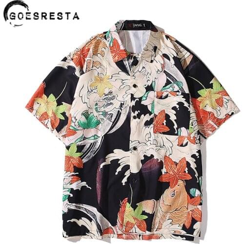 Fashion Casual Retro Shirts Men Summer Hip Hop Brocade Carp Print Mens Short Sleeve Shirts Streetwear Harajuku Couple Clothing