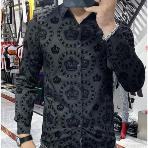 Casual Shirt Mens Shirt Camisa Social Masculina Luxury Black Crown Flocking Men Shirts Business Formal Long Sleeve Dress Shirt