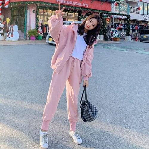 Two-piece Autumn and Winter Sports Suit Women Korean Loose Running Clothes Hooded Jacket Sweater Pink Was Thin