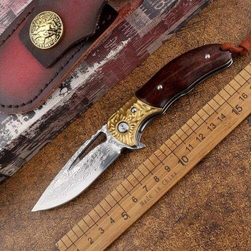 Tactical outdoor Vg10 core Damascus steel hunting camping brass head wooden handle self-defense rescue EDC tool folding knife