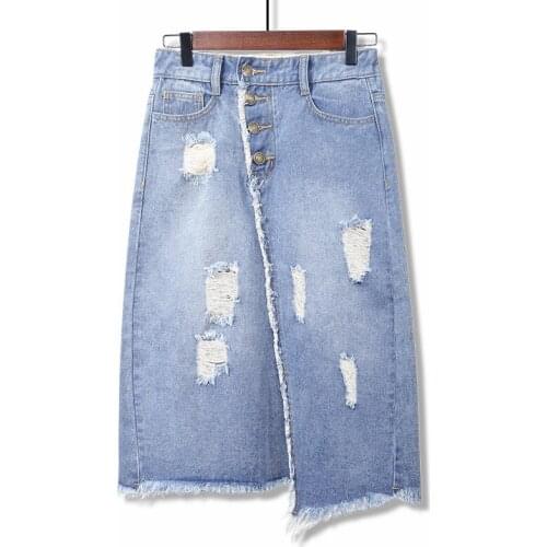 High Quality Women Plus Size Skirt Elastic Waist 2020 Spring Summer Blue Bodycon Denim Skirts Women Casual Hole Ripped Skirt 6XL