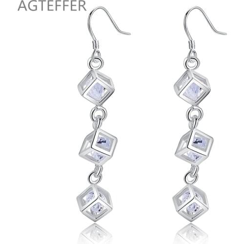 AGTEFFER 925 Sterling Silver Square Cubic Zircon Drop Earrings For Women Best Gift Wedding Engagement Jewelry