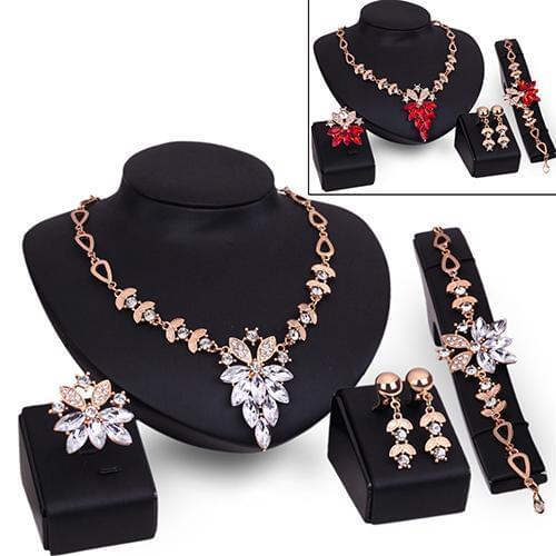 Womens Wedding Bracelet Necklace Dubai Gold Jewelry Set Clear Crystal Statement Ring Earrings Valentines Day present Fashion