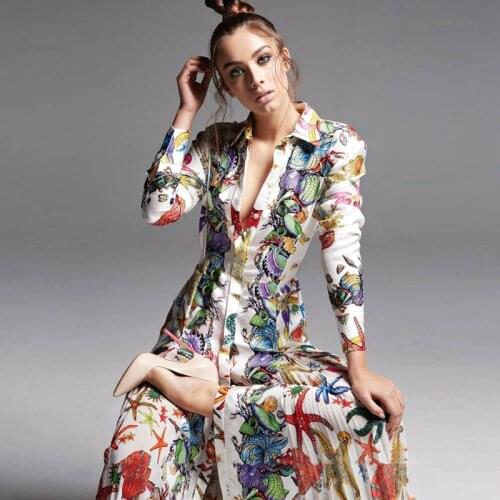 Designer New Spring Autumn Print Women High Quality Vintage Elegant Fashion Party Casual Office Vacation Gentlewoman Midi Dress