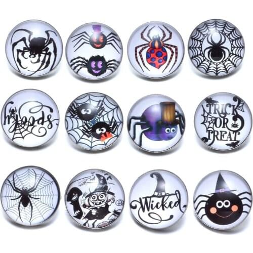 12pcs/lot Cute Spider Theme Glass Charms 18mm Snap Button Jewelry For 20mm Snaps Bracelet Snap Jewelry KZ0698