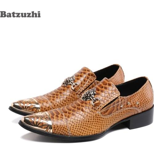 Batzuzhi Luxury Handmade Men Shoes Pointed Metal Toe Brown Leather Dress Shoes Men Business Formal Footwear Zapatos Hombre