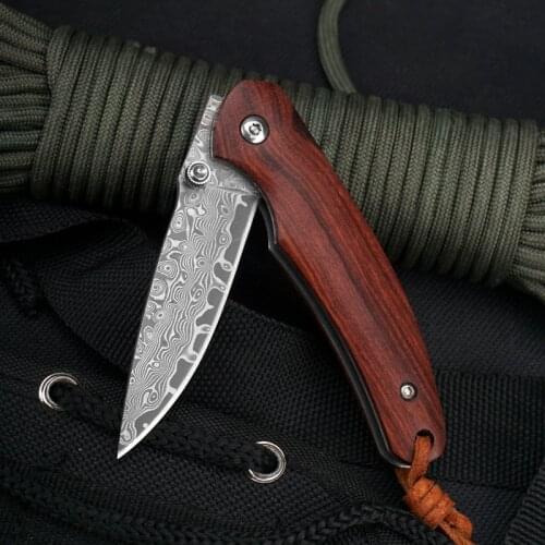 Damascus Steel Pocket Folding Knife Red sandalwood Handle Tactical Self-defense Knife Hunting Camping Survival EDC Rescue Tools