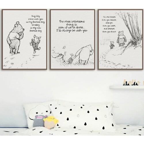 Classic Cartoon Movie Art Painting Winnie The Pooh Quotes Canvas Posters and Prints Black White Picture Kids Room Wall Art Decor