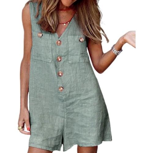 Summer Women Vest Jumpsuit Casual Solid Color V Neck Women Overall Sleeveless Buttons Pockets Women Romper Party Outfit